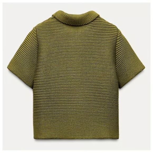 Green Zara Textured Peter Pan Collar Button Front Short Sleeve Cardigan Sweater - Picture 4 of 5